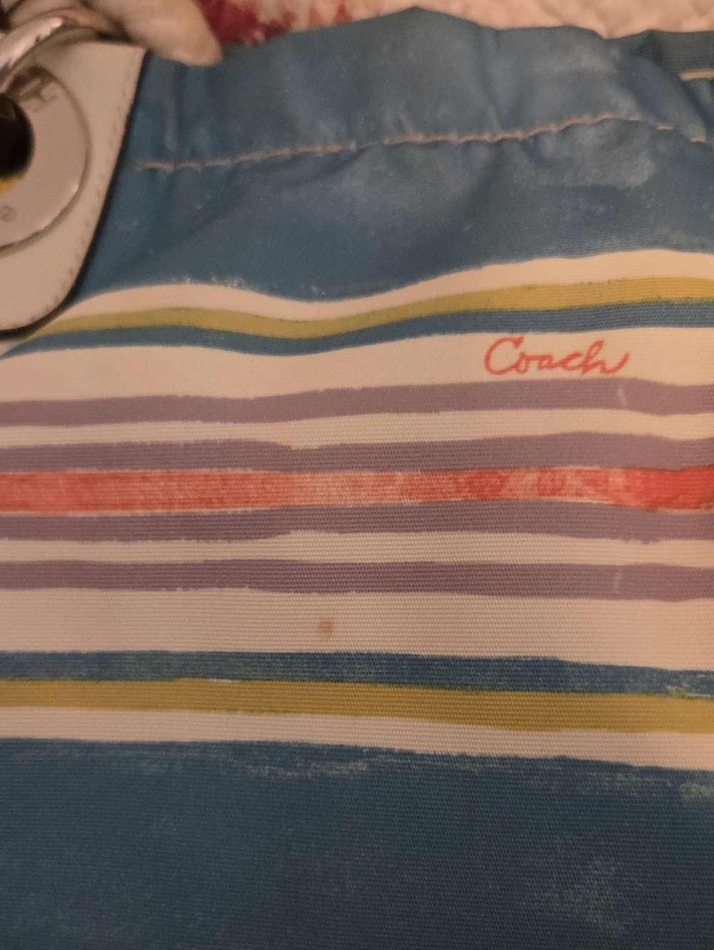 Coach Striped Blue Canvas Tote with Cream Handles - Picture 6 of 10
